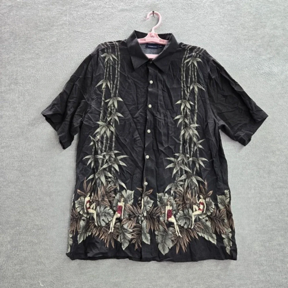 Croft & Barrow Men Button Up Shirt Large‎ Black Floral Hula Girl Hawaiian Collar
